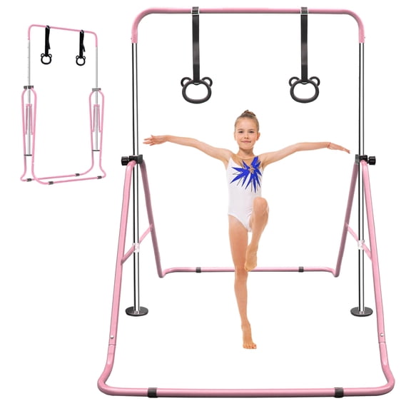 Adjustable Height Children's Gymnastics Bar with Rings, Foldable Indoor Horizontal Bar for Kids Ages 3-12, Pink