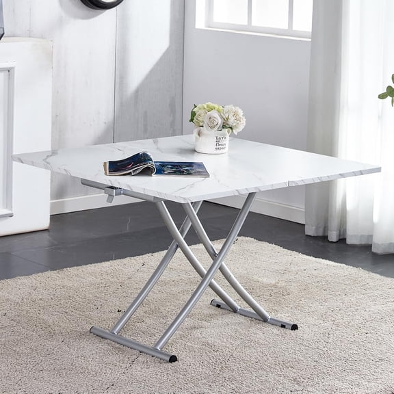 Adjustable Height Coffee Table, Folding Dining Table, White&Sliver | Convertible lift top table for use as a coffee table, dining table, home office desk or vanity