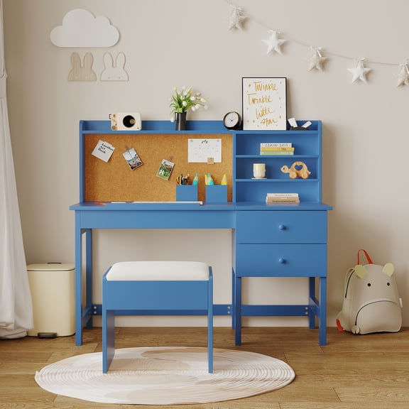 Adjustable Height Desk and Chair Set for Boys & Girls,Perfect Study Table-Tiltable Desktop, Hutch, Cork Board, Storage Drawer & Padded Stool for Bedroom,Blue