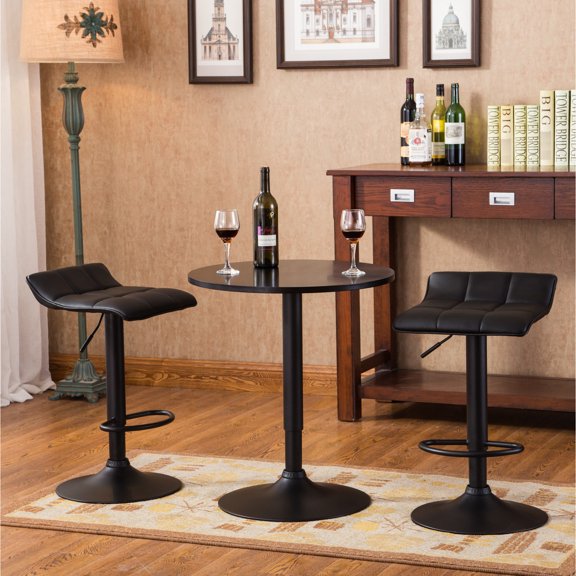 Adjustable Height Dining With Round Black Table And 2 Rotating Chairs Top Swiveling Leather