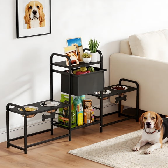 Adjustable Height Dog Bowl Stand, 4 Stainless Steel Bowls, Chew-Proof Metal Frame, Storage Drawer, Multi-Dog Feeding Station, Black