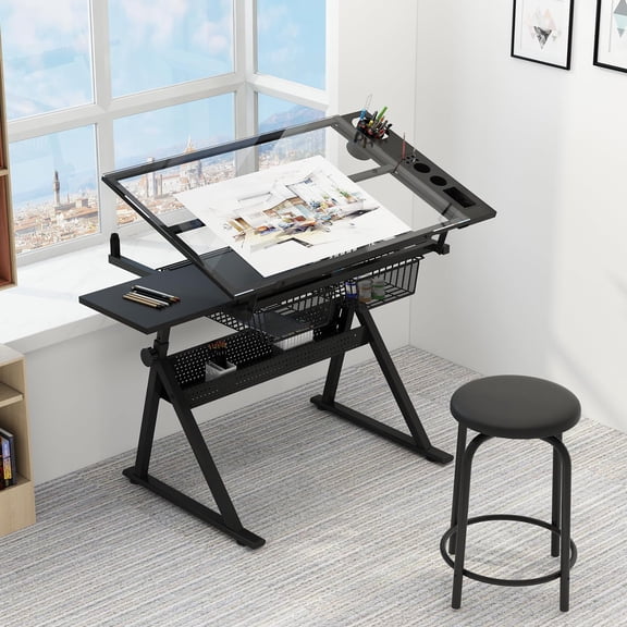 Adjustable Height Drawing Table - Tiltable Desktop - Storage Drawers - Folding Professional Artist Desk for Adults - Multifunctional Craft Table for Painting, Sewing, Arts Projects