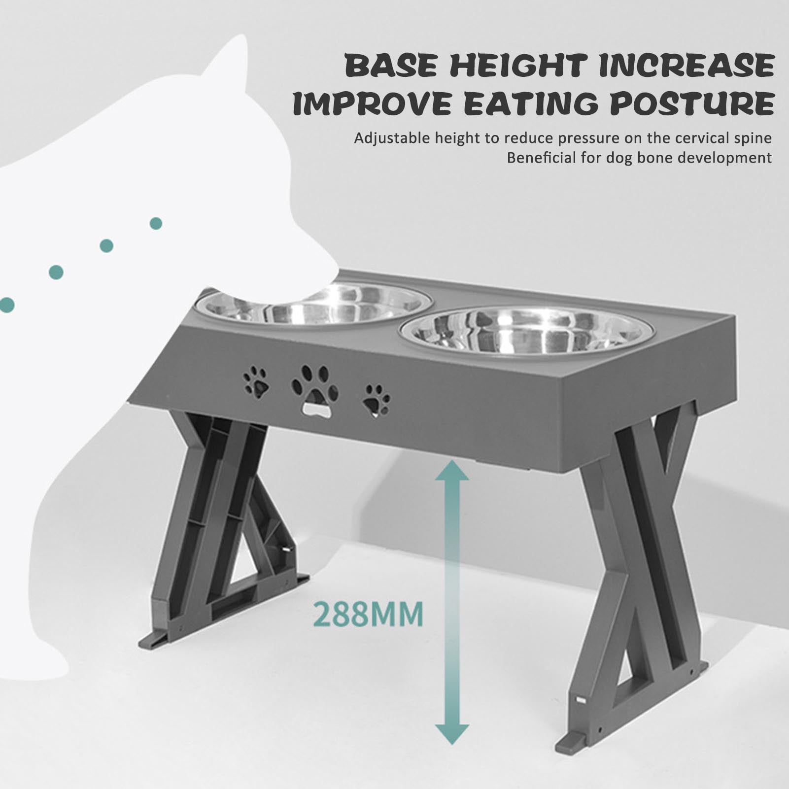 Adjustable Height Elevated Dog Bowl Stand, Stainless Steel Raised Feeder with Non-Slip Base, Food Grade Slow Feed Bowls for Healthy Digestion, Kitchen Pet Station