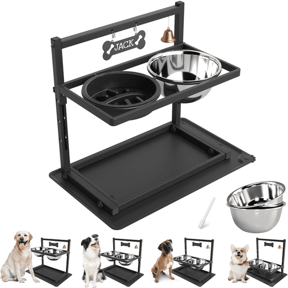 Adjustable Height Elevated Dog Bowls with Slow Feeder and two 1.7l (60oz) stainless steel bowls for Large Medium Dogs