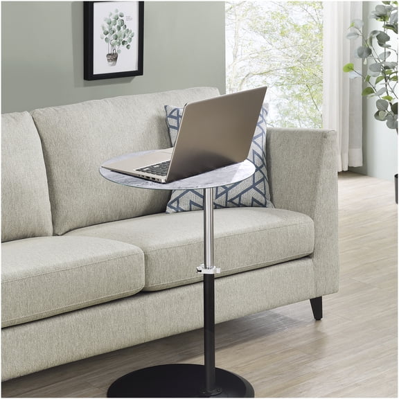Adjustable Height End Table with Gray Marble Glass Top, 15.5 Inch Portable Side Table with 3D Textured Surface and Easy Clamp