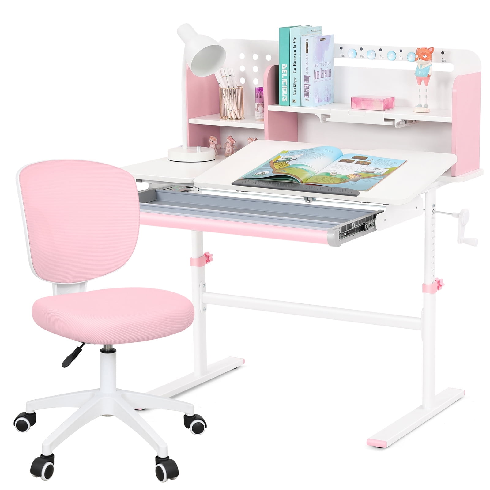 Adjustable Height Ergonomic Kids Study Desk & Chair Set Children Students Drafting Table Home School with Shelf,Drawer(Pink)