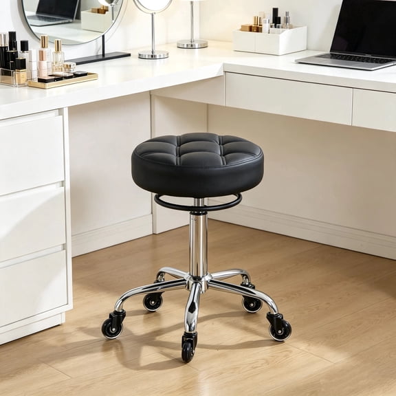 Adjustable Height Swivel Rolling Stool, Ergonomic Lab Stool Backless Round PU Leather Work Stool for Salon, Office, Home,Black