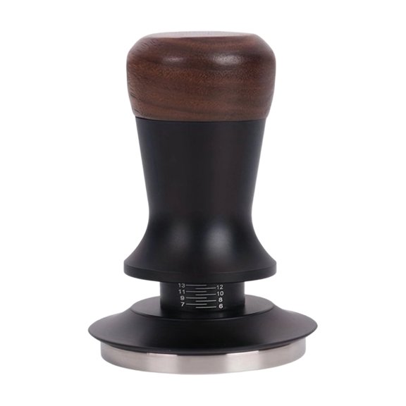 Adjustable Height Flat Base Espresso Tamper with Consistent Pressure Mechanism and Walnut Wood Handle for Coffee Preparation