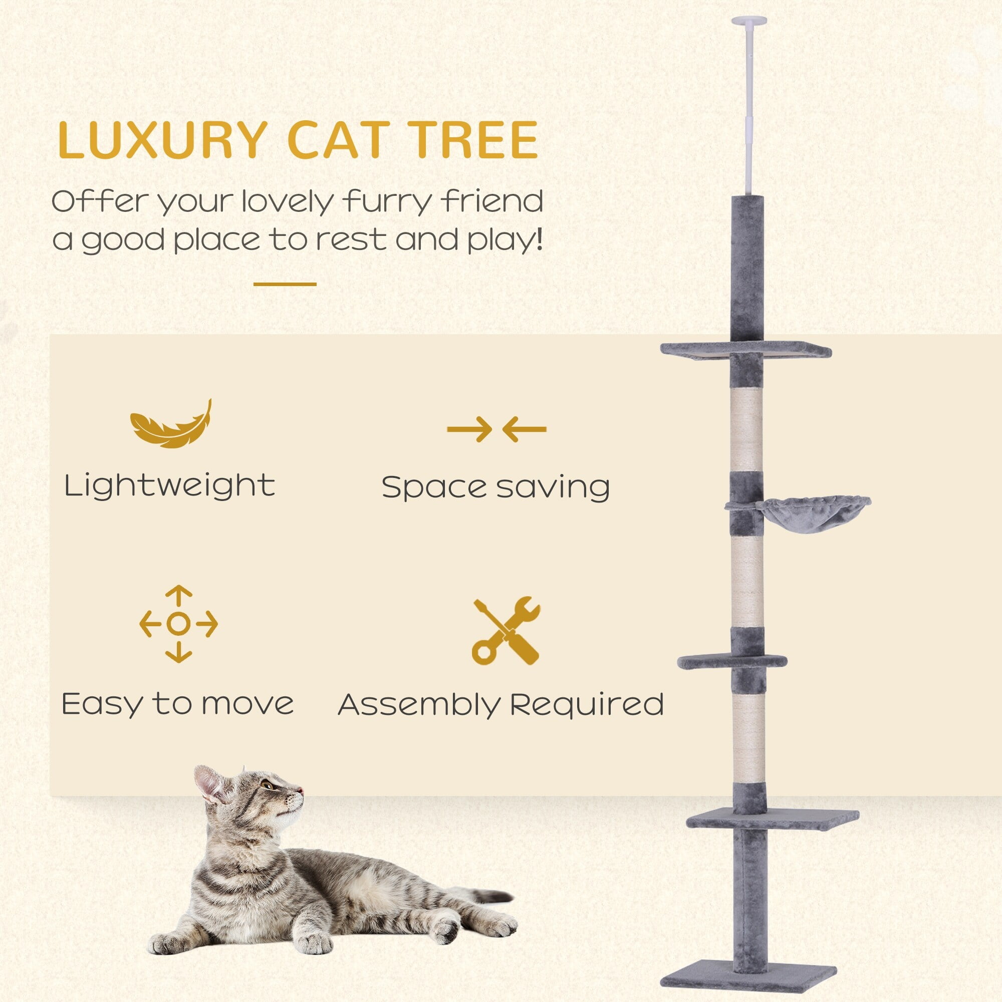 Adjustable Gray Sisal Floor-to-Ceiling Cat Tree