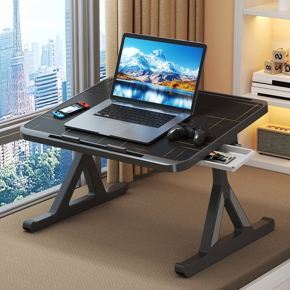 Adjustable Height Foldable Bed Laptop Table with Drawer and Card Slot