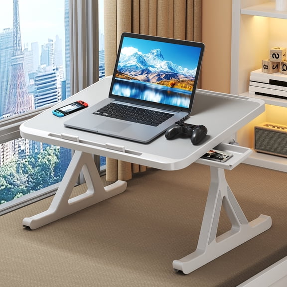 Adjustable Height Foldable Bed Laptop Table with Drawer and Card Slot