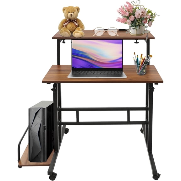 Adjustable Height Foldable Desk 26.4-45.3in - Mobile Computer Table with 6 Lockable Wheels, 44lbs Capacity & Expandable Desktop, for Bedroom, Couch Sofa Side Laptop Table with Storage, Rustic Brown