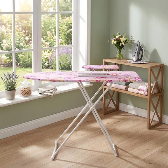 Adjustable Height Foldable Ironing Board, Floral Printed Compact Ironing Table with Non-Slip Legs for Small Space Home Dorm Apartment - Purple