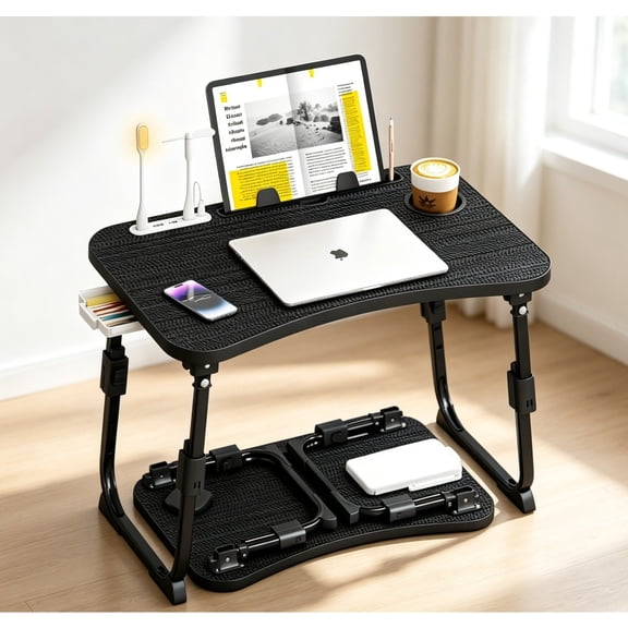 Adjustable Height Foldable Lap Desk for Bed & Sofa, Portable Laptop Bed Table with Storage Drawer, Tablet Slot and Cup Holder, Bed Desk for Adults & Kids, Pink