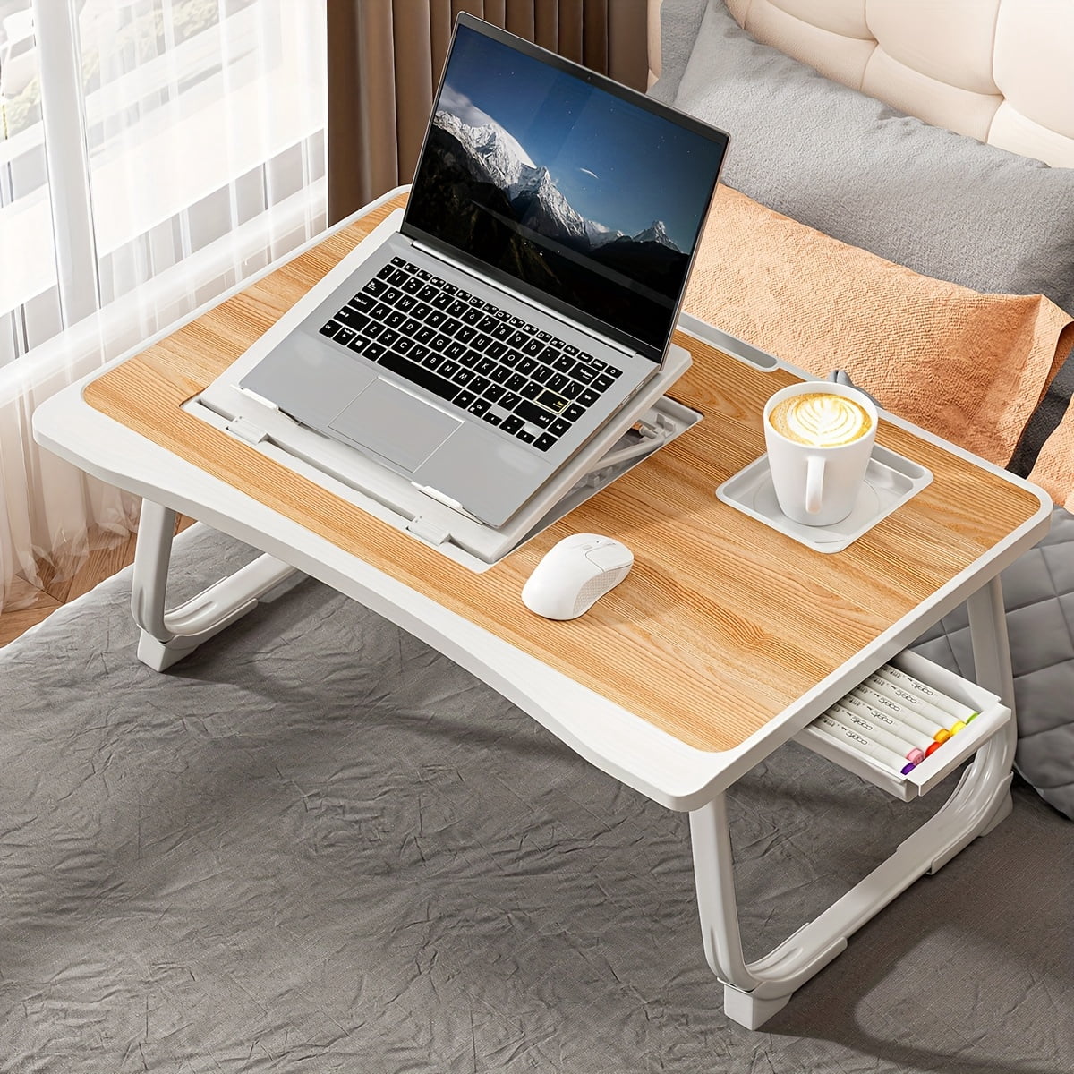 Adjustable Height Foldable Laptop Bed Desk with Wooden Surface, Storage ...