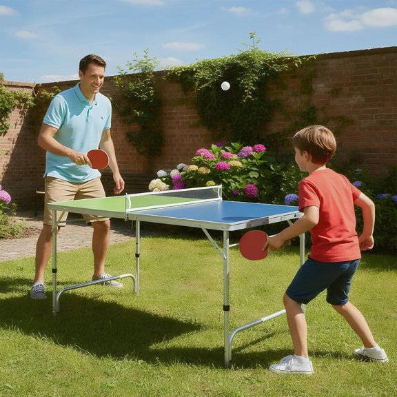 Adjustable Height Foldable Ping Pong Table Set, Mini Table Tennis Table with Net, Paddles, Balls, Blue and Green