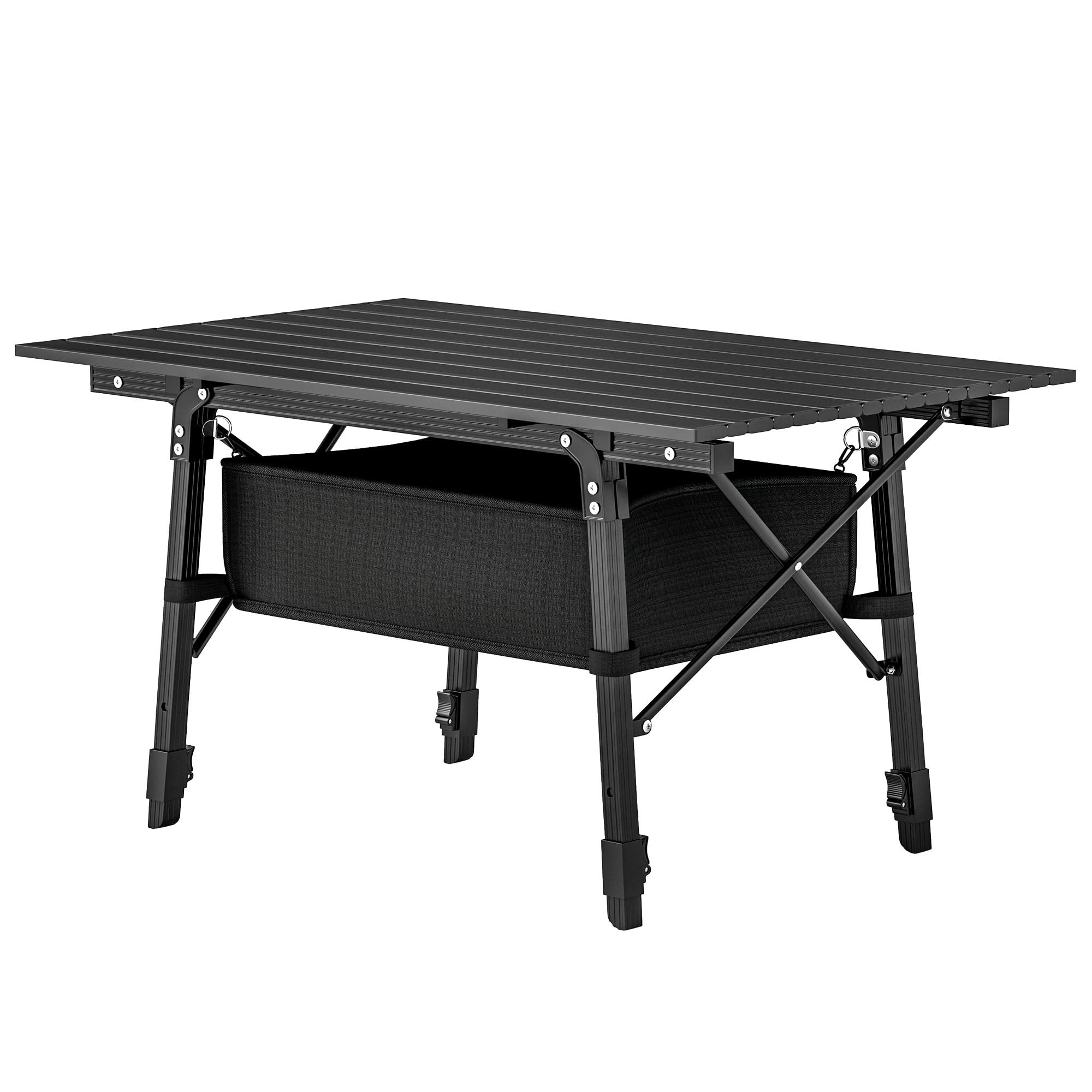 Adjustable Height Folding Camping Table with Detachable 600D Oxford Storage Basket, Lightweight Aluminum Portable Outdoor Picnic Table Supports 66 LBS with Carry Bag for Beach
