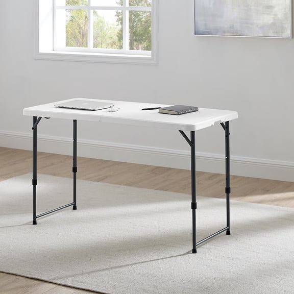 Adjustable Height Folding Plastic Table White 4 Foot Portable Work Desk