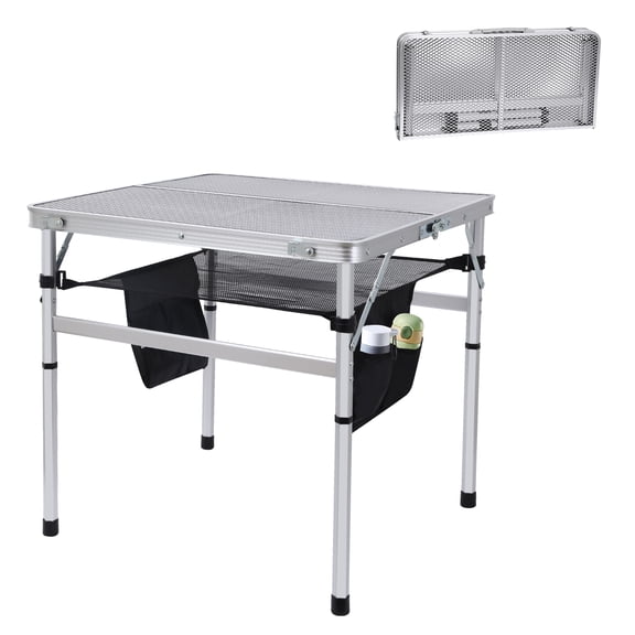 Adjustable Height Folding Table - 23.6" Square Lightweight Aluminum Outdoor Table with Carry Handle & Mesh Bag, for Camping, Grill, Picnic, Card Games (White)