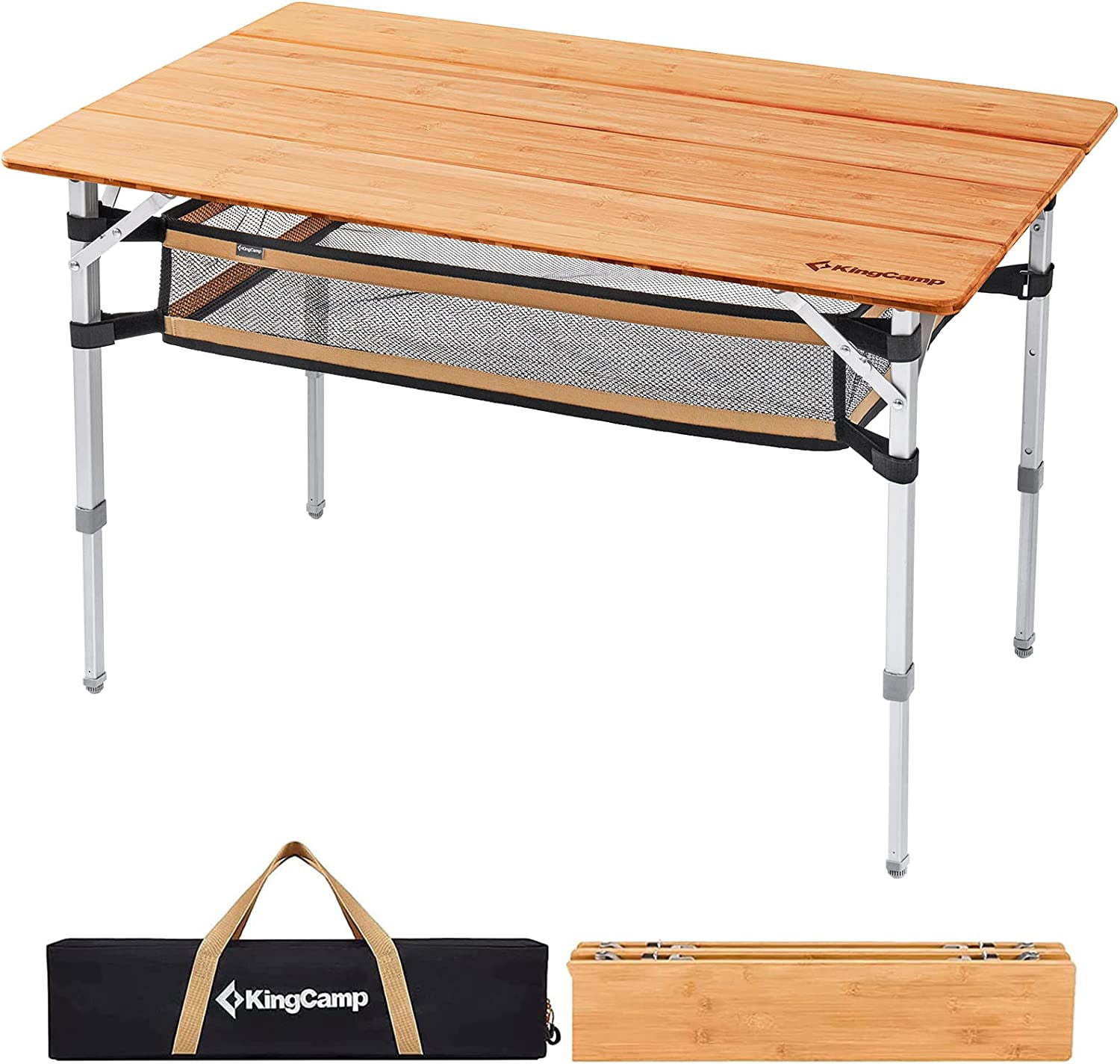Adjustable Height Folding Table, 4-Fold Bamboo Camping Outdoor Portable ...