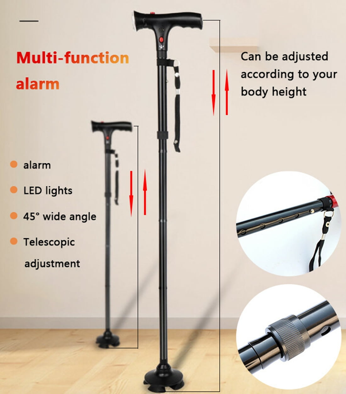 Adjustable Height Folding Walking Cane with LED Light & Alarm Button, 4-Prong Anti-Slip Base, Aluminum Alloy Telescopic Cane with Side Armrest for Elderly