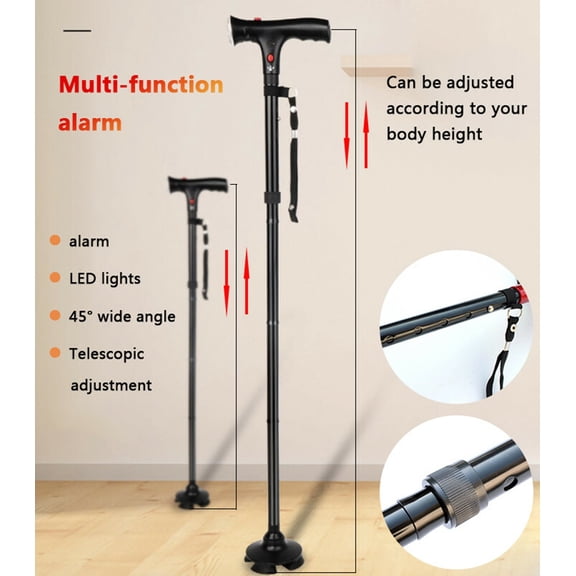 Adjustable Height Folding Walking Cane with LED Light & Alarm Button, 4-Prong Anti-Slip Base, Aluminum Alloy Telescopic Cane with Side Armrest for Elderly