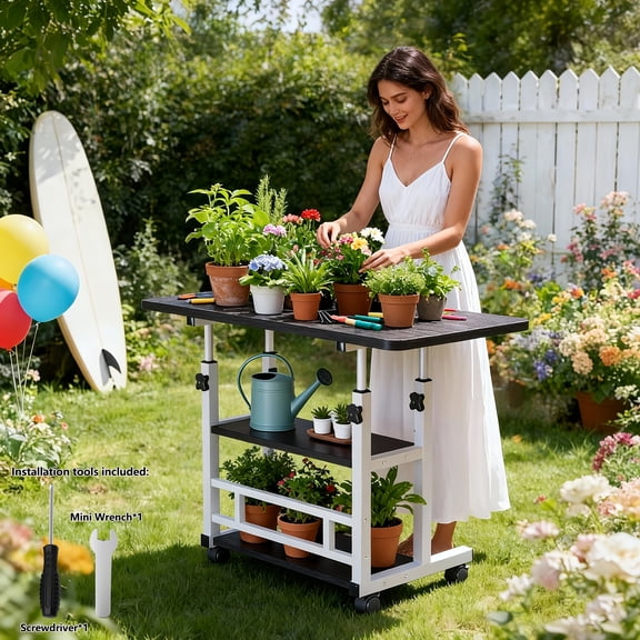 Adjustable Height Garden Workbench with Lockable Wheels – Metal Frame, Spacious Surface, Potting Table, Plant Stand