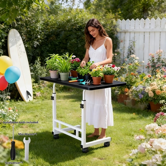 Adjustable Height Garden Workbench with Lockable Wheels – Metal Frame, Spacious Surface