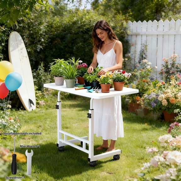 Adjustable Height Garden Workbench with Lockable Wheels – Metal Frame, Spacious Surface