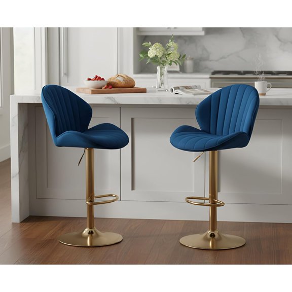 Adjustable Height Gold Bar Stools Set of 2 Swivel Bar Chairs Modern Barstools with Shell Shape Back Kitchen Stools for Island/Home Bar/Counter, (Gold Base/Velvet Navy Blue)