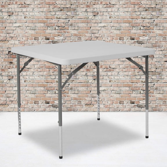 Adjustable Height Granite White Folding Table 33.5x33.5 Inches Portable Compact for Kitchen Patio Game Night, White