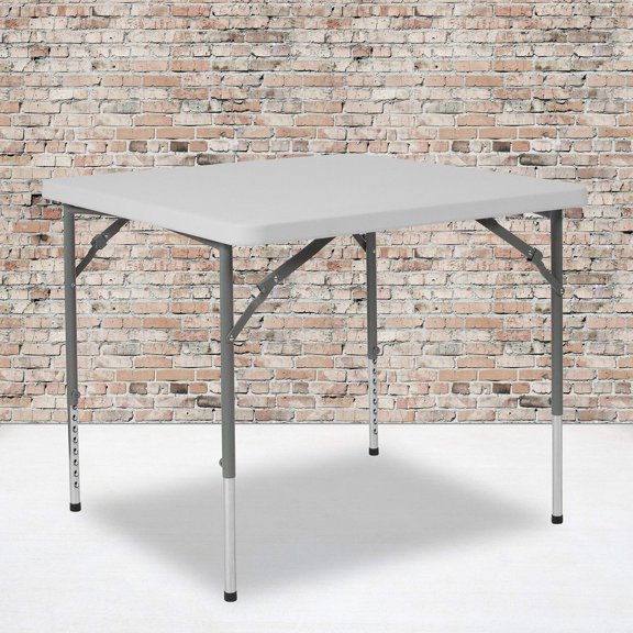 Adjustable Height Granite White Folding Table 33.5x33.5 Inches Portable Compact for Kitchen Patio Game Night, White
