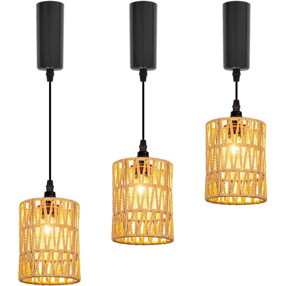 Adjustable Height Halo Track Light Pendants, 3.2 Ft Cord, H-Type Track Mount Retro Brown Twine Natural Bohemian Hollow-Carved Designed Shade for Kitchen Island, Sloped Vaulted Ceiling