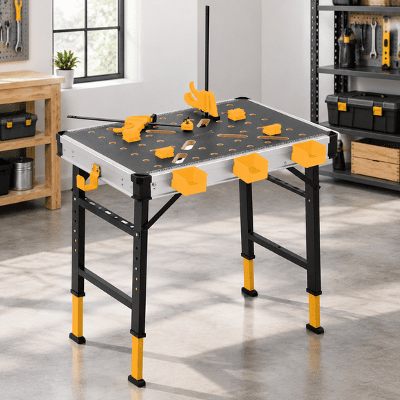 Adjustable Height Heavy Duty Folding Work Table with 2 Quick Clamps 4 Bench Dogs 3 Tool Boxes