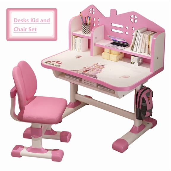 Adjustable Height Kids Desk Study Child Table, Pink Desks for Kids, Kid Desk with Storage,Toddler Table Study Table with Bookshelf and Drawer, for Boys and Girls (Pink)