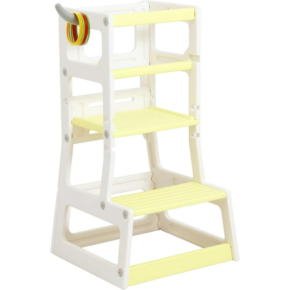 Adjustable Height Kids Kitchen Step Stool with Removable Safety Rails and Anti-Slip Protection- Toddler Standing Tower with with Ring Toss for Learning and Playing (Beige and Yellow)