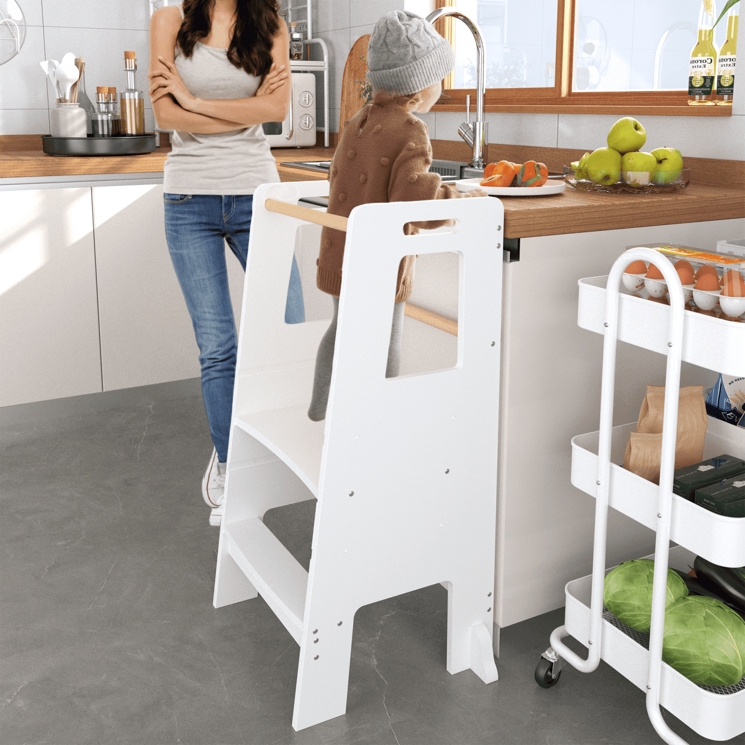 Adjustable Height Kids Standing Tower, MDF & Pine Wood Montessori Step Stool with 2 Steps, Side Handles & Removable Bar, Supports 150 LBS for Kitchen Learning