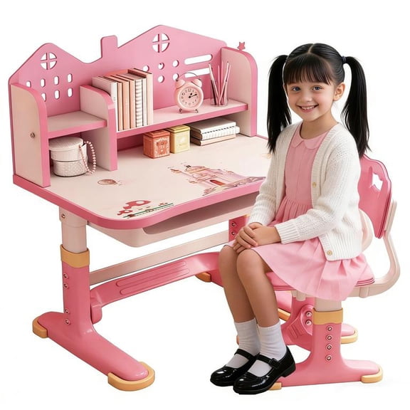 Adjustable Height Kids Study Desk & Chair Set, Children's School Study Writing Table with Posture Correction,Features Large Writing Surface, Storage Cabinet and Drawers,Computer Desk for Children
