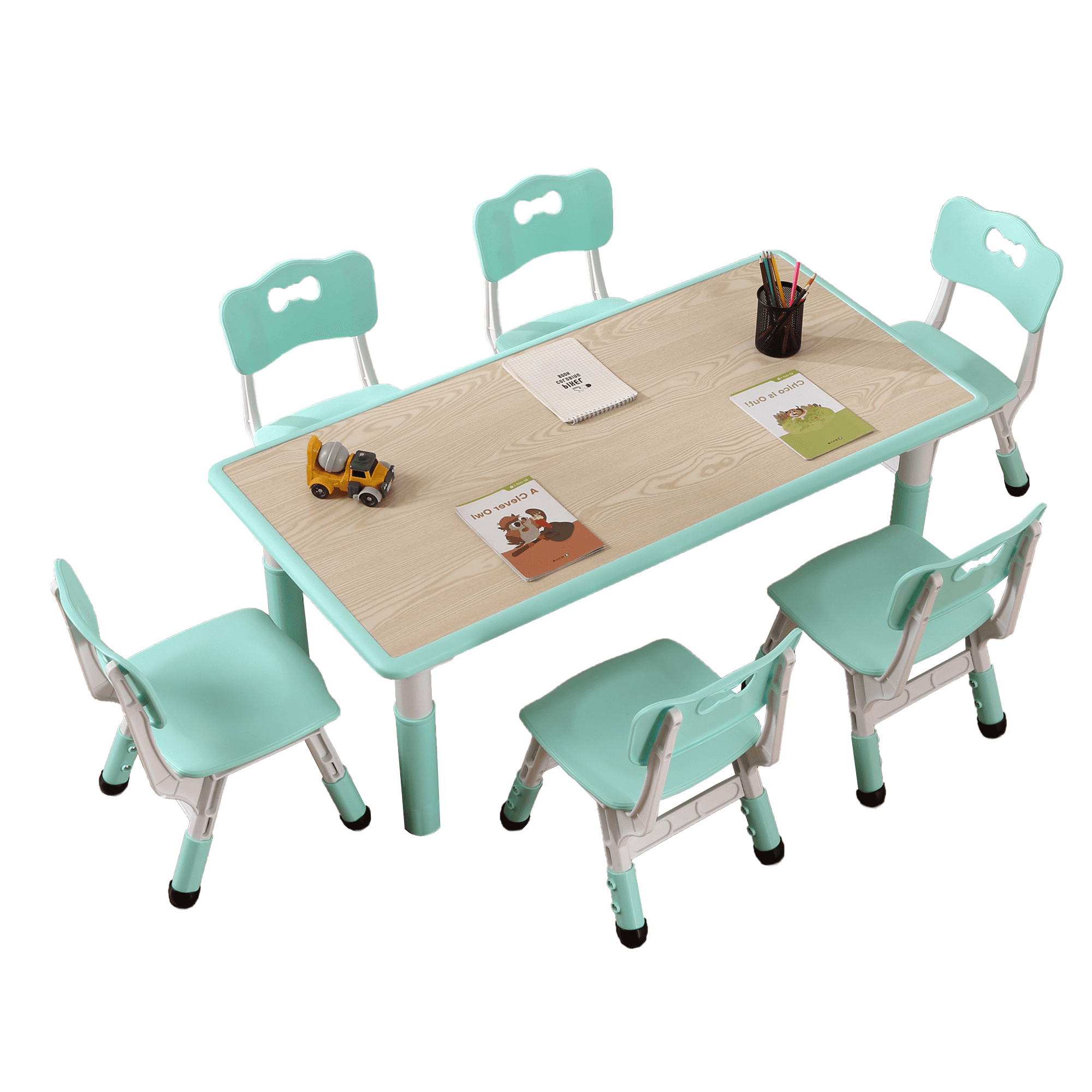 Adjustable Height Kids Table and 6 Chairs Set - Graffiti-Resistant Multi-Activity Desktop - Non-Slip Legs - Preschool & Study Table for Home, Study Room, Daycare - For Ages 2-10 - Lake Blue