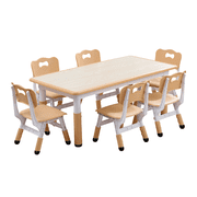 Adjustable Height Kids Table and 6 Chairs Set - Study & Activity Desk with Graffiti-Resistant Top, Non-Slip Legs for Ages 2-10 - Multi-Purpose for Home, Study space, Daycare - Wood Color