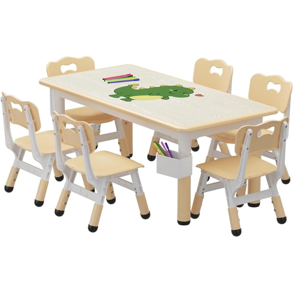 Adjustable Height Kids Table and 6 Chairs Set, Toddler Activity Furniture with Easy-Clean Writable Desktop, Storage Box & Non-Slip Legs for Home Daycare Preschool