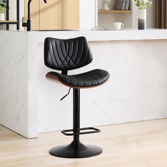 Adjustable Height Kitchen Chairs With Metal Base And Walnut Seat Office Back Black Leather Padding