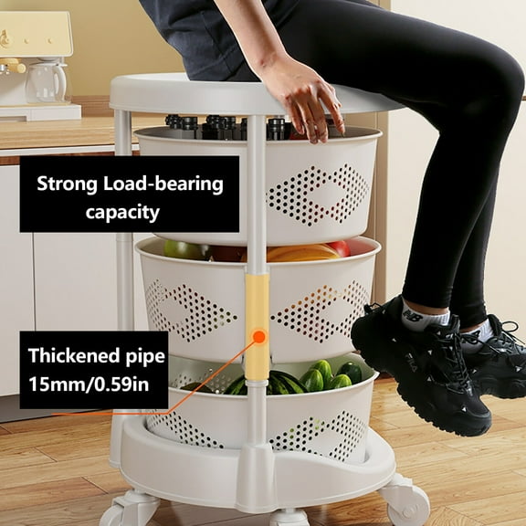 Adjustable Height Kitchen Storage Cart Multi-use Disassembled Rotating Basket Rack w/ Casters, Vegetable Fruit Holder 3 Layer Shelves Basket