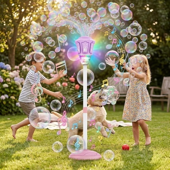 Adjustable Height Lantern Design Bubble Blower Machine, USB Powered LED Light Kids Toy, Toddler Safe No Leak Easy Assembly for Birthday Activity Purple