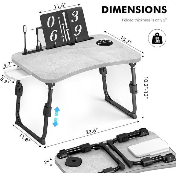 Adjustable Height Lap Desk for Bed with Storage Drawer, Tablet Slot, Cup Holder, Foldable Portable Laptop Stand, Light Stone Color
