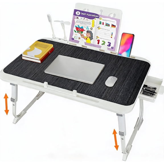 Adjustable Height Laptop Bed Table with USB Charging Port Foldable Lap Desk with Side Drawer and Book Shelf
