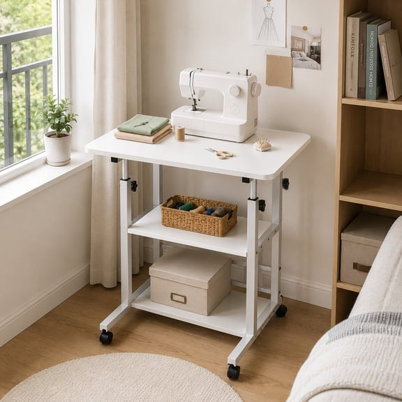 Adjustable Height Laptop Desk Movable Sewing Table Bedside Computer Tables with Wheels 60x40cm