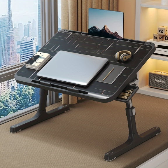Adjustable Height Laptop Table for Bed, Foldable Bedside Desk with Card Slot & Drawer, Ideal for Dorm Study or Small Nightstand