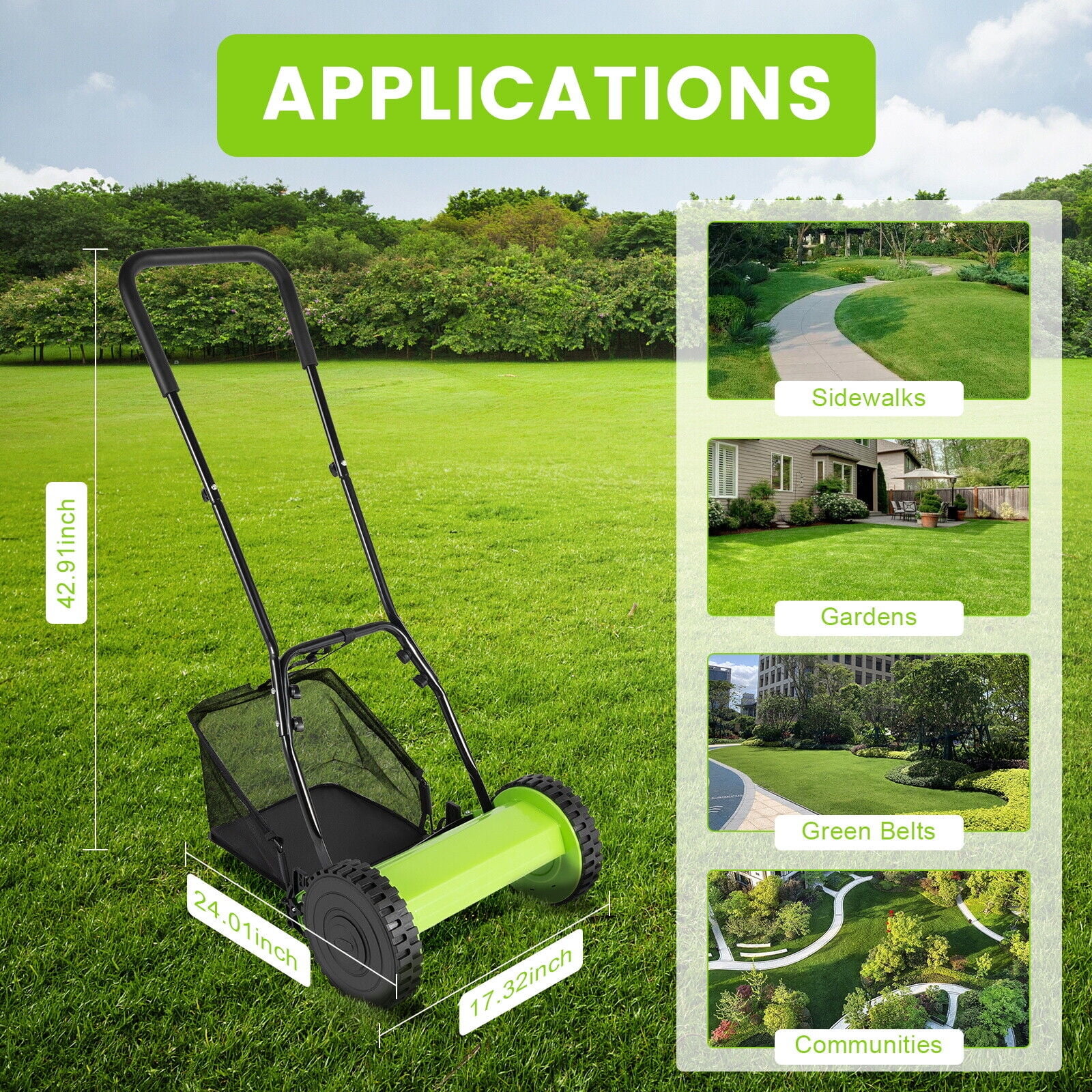 Adjustable Height Lawn Mower Manual Reel Push Walk Behind Dual Wheeled 5 Blade