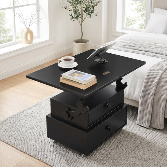 Adjustable Height Lift Top End Table with Charging Station & Storage Drawers - Black
